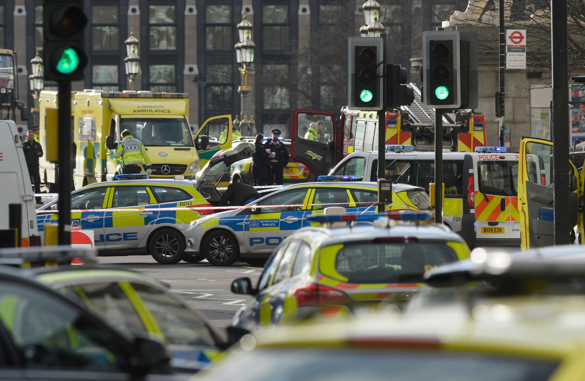 Emergency services respond after an incident on Westminster Bridge in London