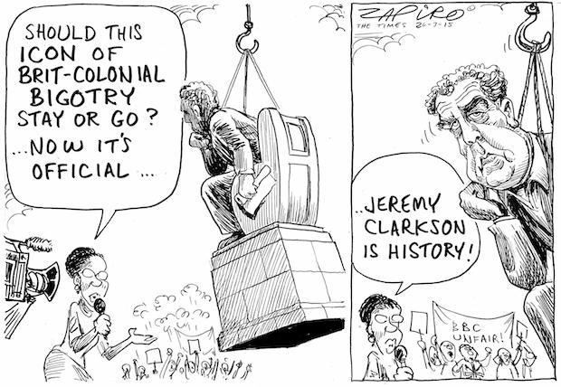 Zapiro compares the BBC's decision to fire Jeremy Clarkson, popular host of Top Gear, with the pressure from students at University of Cape Town to remove the statue of Cecil Rhodes from campus. Zapiro concludes both Rhodes and Clarkson are relics of the