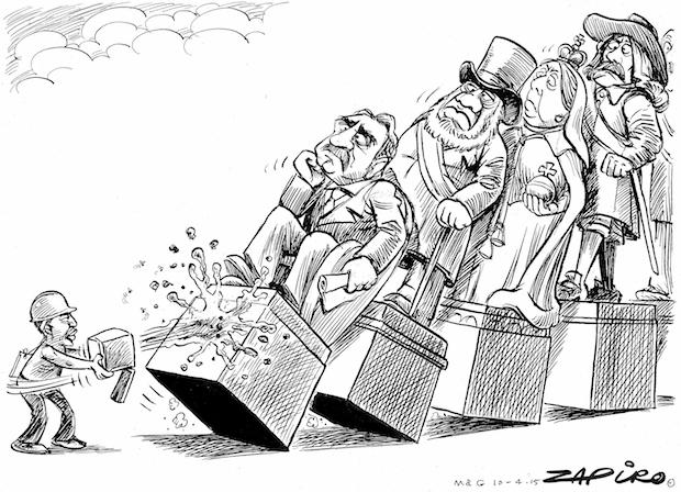 Zapiro notes the domino effect that could see the removal of a number of statues in South Africa, starting with British colonizier Cecil Rhodes, Queen Victoria, Paul Kruger and Jan van Riebeck, a Dutch colonial administrator and founder of Cape Town.
