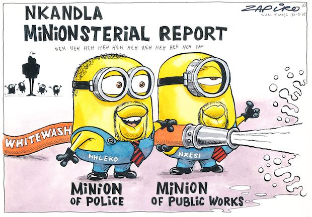 In May 2015, South Africa's Police Minister Nkosinathi Nhleko and Public Works Minister Thulas Nxesi released their own Nkandla report, commissioned by President Jacob Zuma. It justified expenses such as a cattle enclosure, amphitheater, swimming pool and