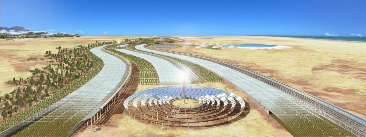 An artist's rendering of a full-scale commercial low-input desert agriculture facility. Projects designers say the concept should work in any low-altitude desert area near a large source of salt water.