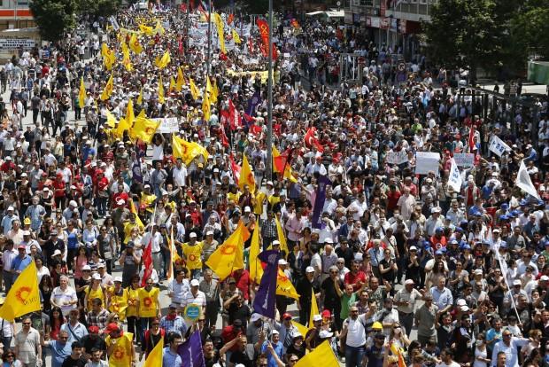 Anti-government protesters march during a demonstration in Ankara, Turkey.