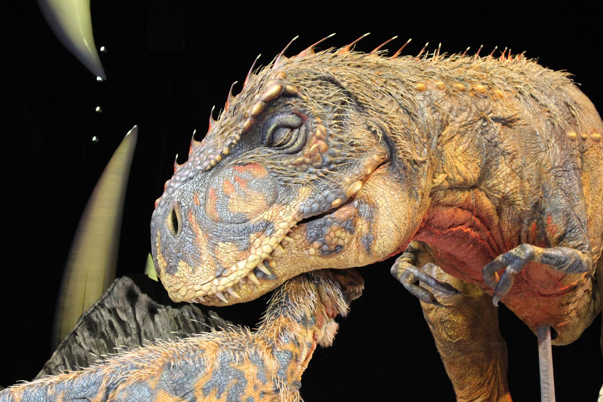 A mother T. rex puppet nuzzles its baby at a performance of 