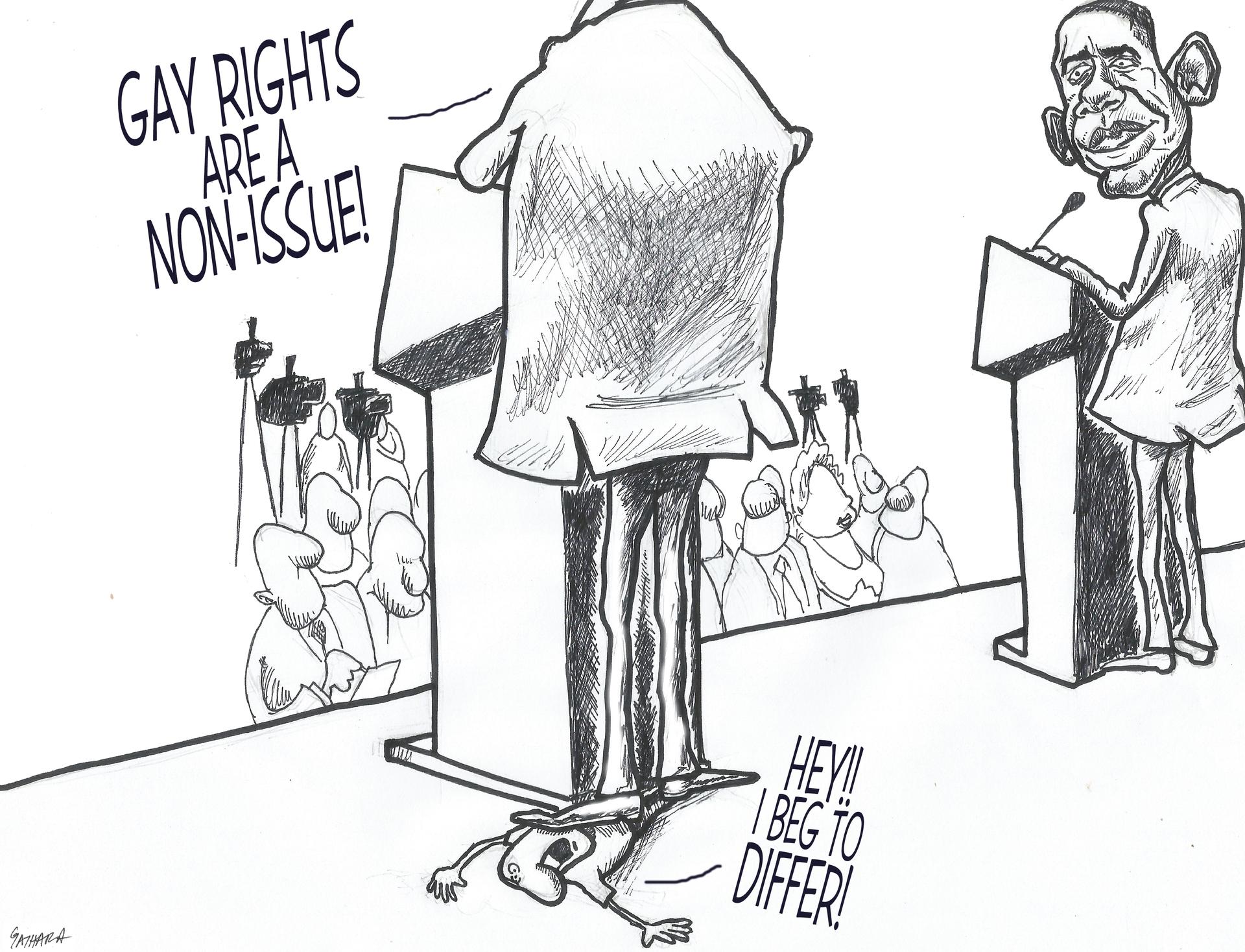 Patrick Gathara drew this cartoon after President Barack Obama and President Uhuru Kenyatta offered dramatically different positions on gay rights at a news conference on the first full day of Obama's visit to Kenya in July 2015. President Obama spoke str
