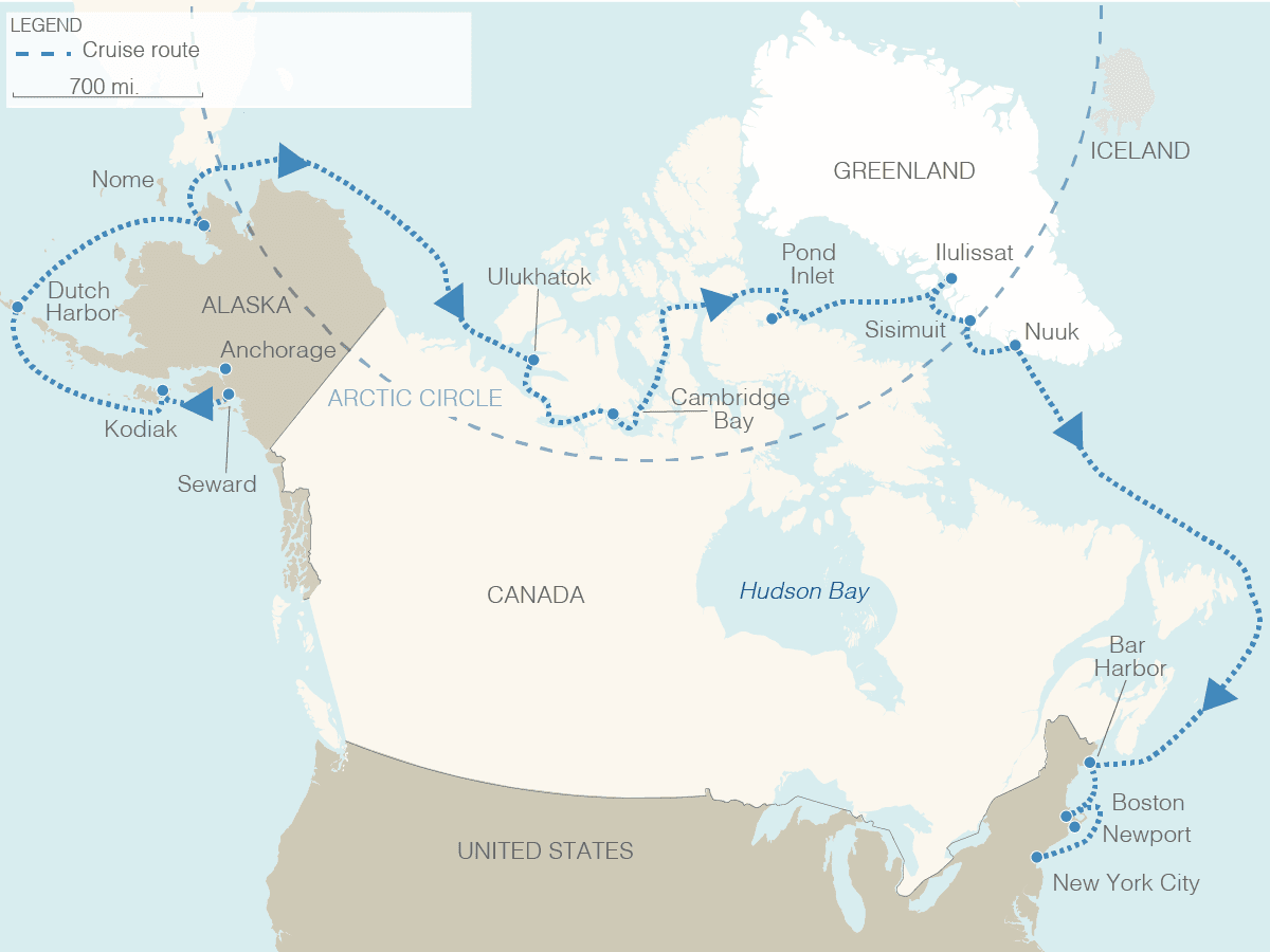 A map shows cruise stops and the route, which begins in Seward, Alaska, and ends in New York City after winding through the Northwest Passage.