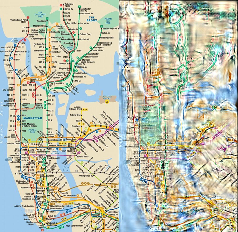 The New York City subway map (L) alongside a peripheral vision visualization (R) with a focus on the Times Square subway stop. Courtesy of Ruth Rosenholtz