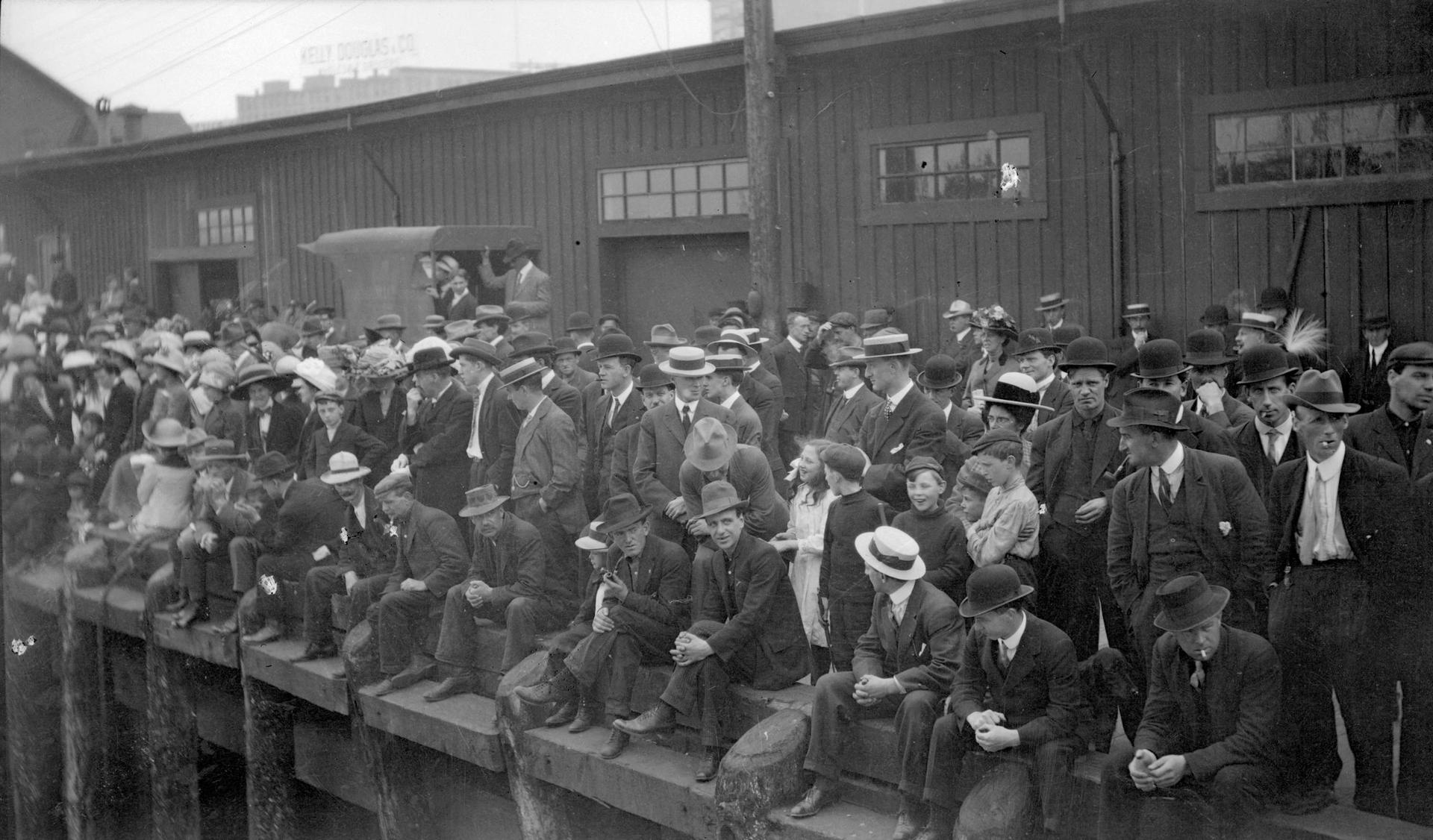 Onlookers on the wharf in Vancouver watching the Komagata Maru