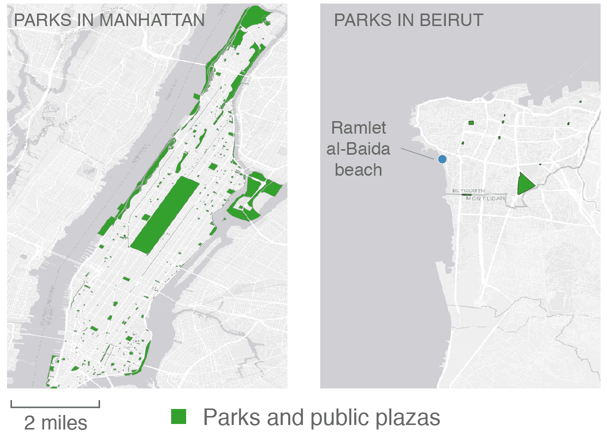 Map of Beirut and New York City public space