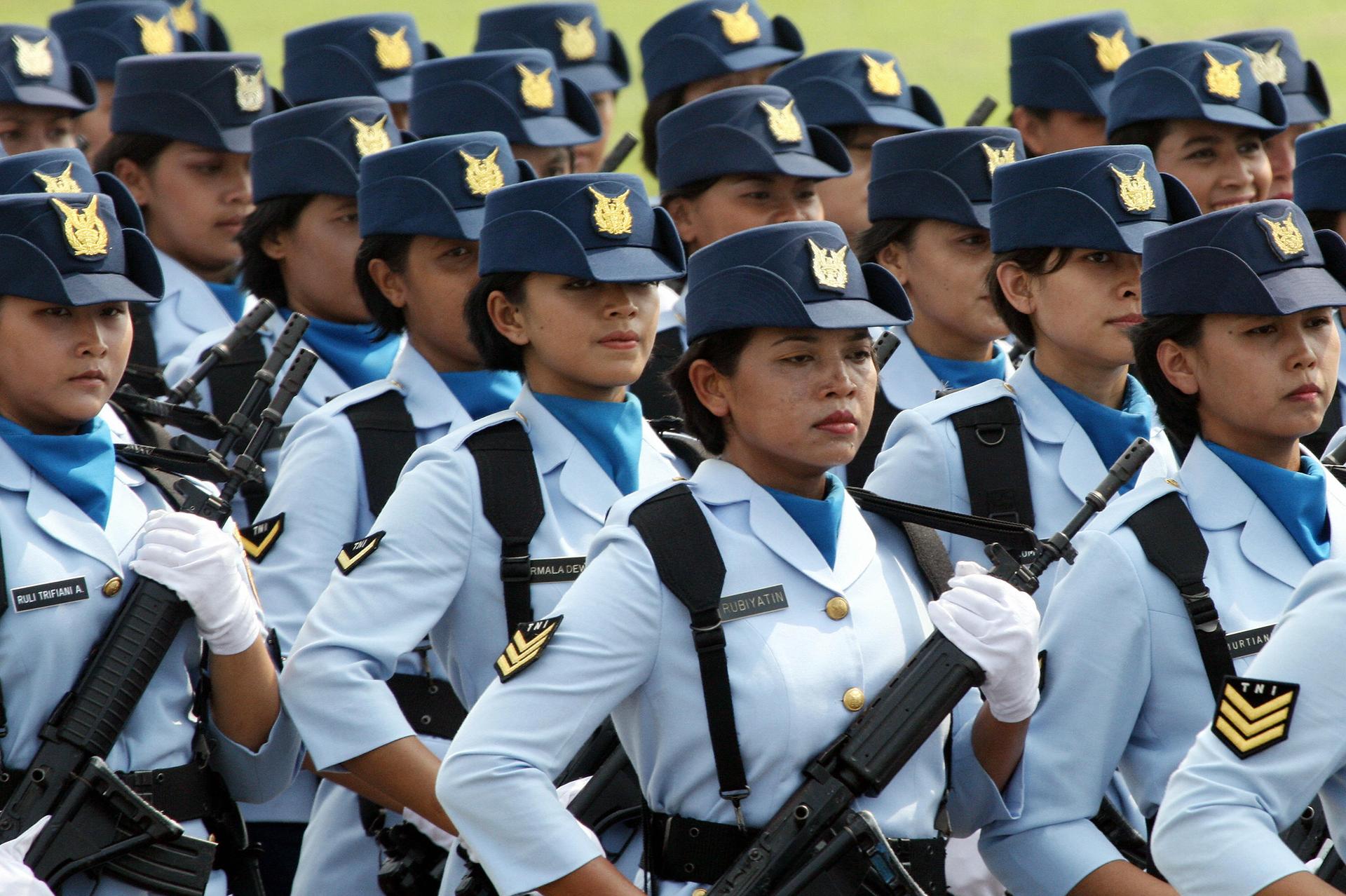 Indonesian Air Force soldiers parade during a ceremony in Jakarta in 2007.