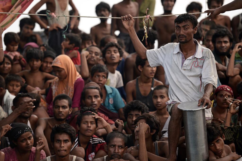 This photo taken on May 14, 2015, shows Rohingya migrants crammed onto a boat stranded in Thai waters off the southern island of Koh Lipe.