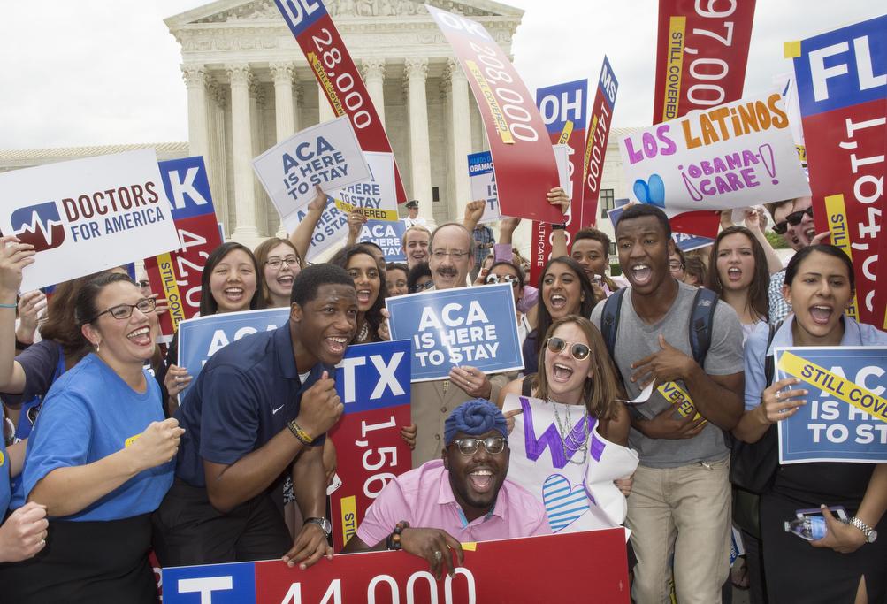 Supporters of Obamacare rally outside the Supreme Court after it handed down its decision in favor of the Affordable Care Act.