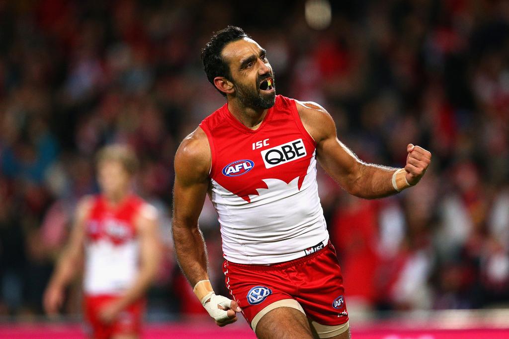 Sydney Swans player Adam Goodes pumps his fist after kicking a goal during a game on July 2, 2015.