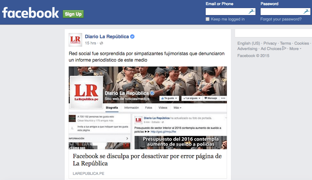 Facebook page of Peru's La Republica newspaper