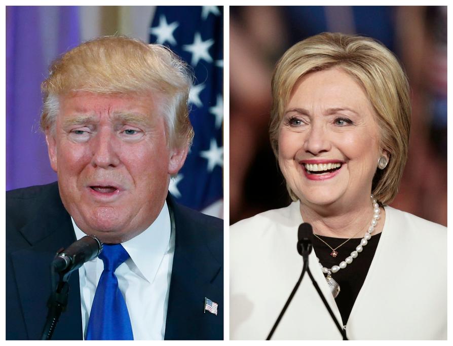 A combination photo shows Republican US presidential candidate Donald Trump in Palm Beach, Florida, and Democratic US presidential candidate Hillary Clinton in Miami, Florida, at their respective Super Tuesday primaries campaign events on March 1, 2016.