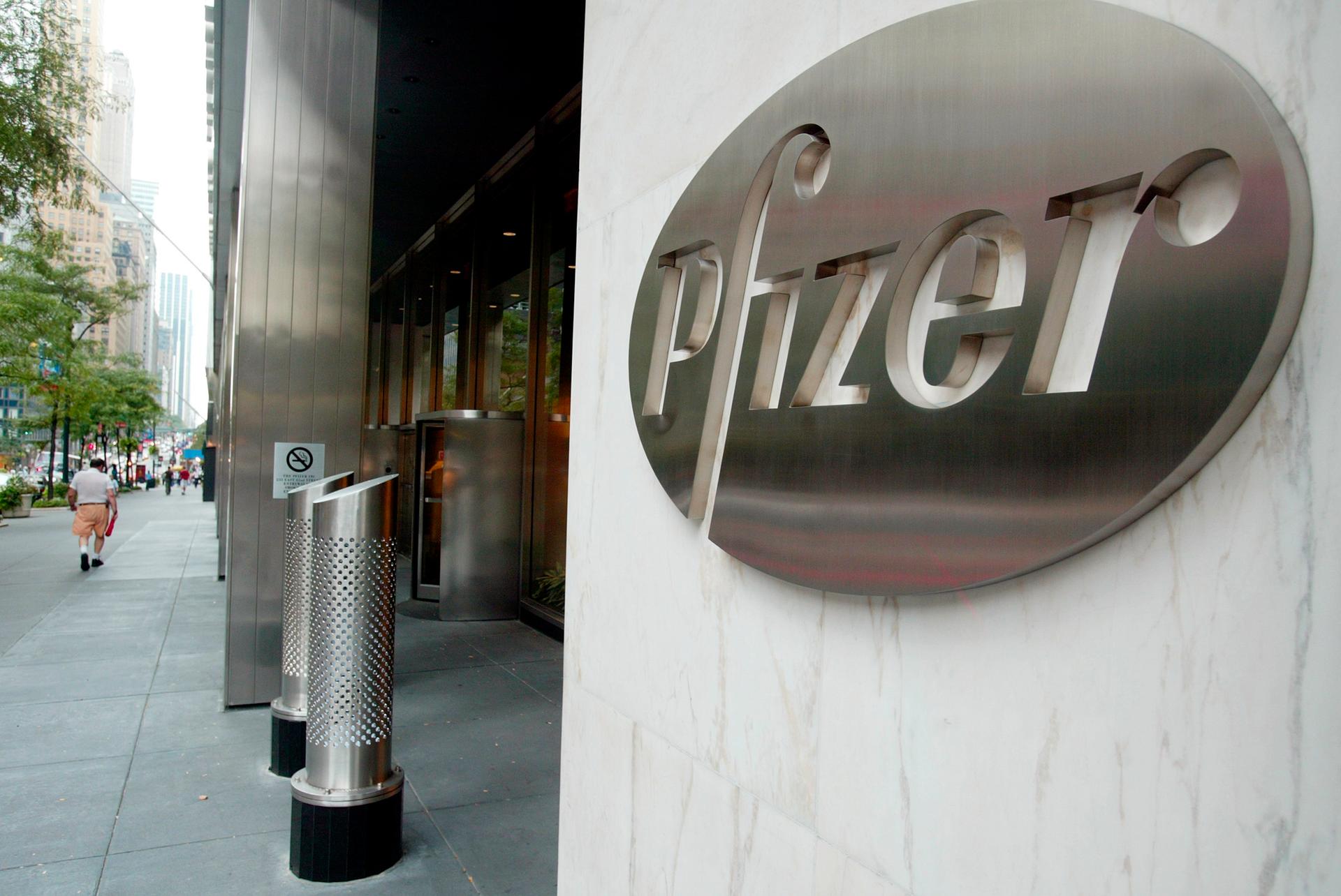 The entrance of Pfizer World headquaters in New York City.