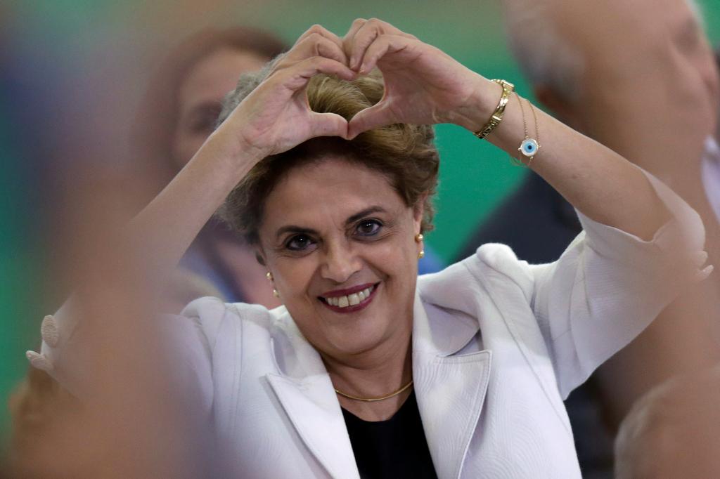 Brazilian President Dilma Rousseff gestures during a meeting with educators at the Planalto Palace in Brasilia, Brazil, on April 12, 2016.