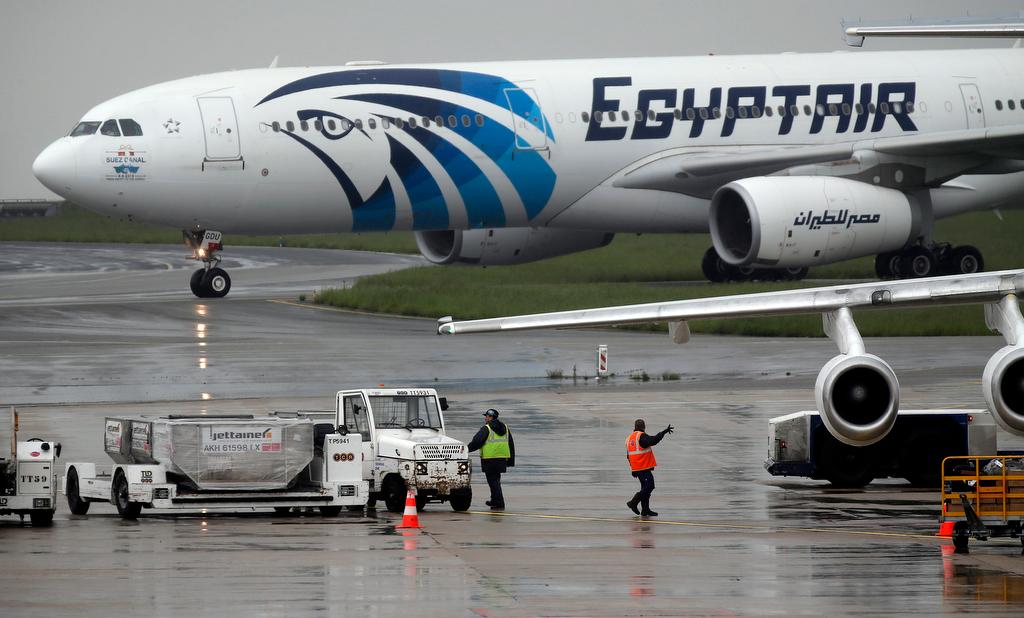 The EgyptAir plane scheduled to make the following flight from Paris to Cairo, after flight MS804 disappeared from radar, taxies on the tarmac at Charles de Gaulle airport in Paris, France, on May 19, 2016. 