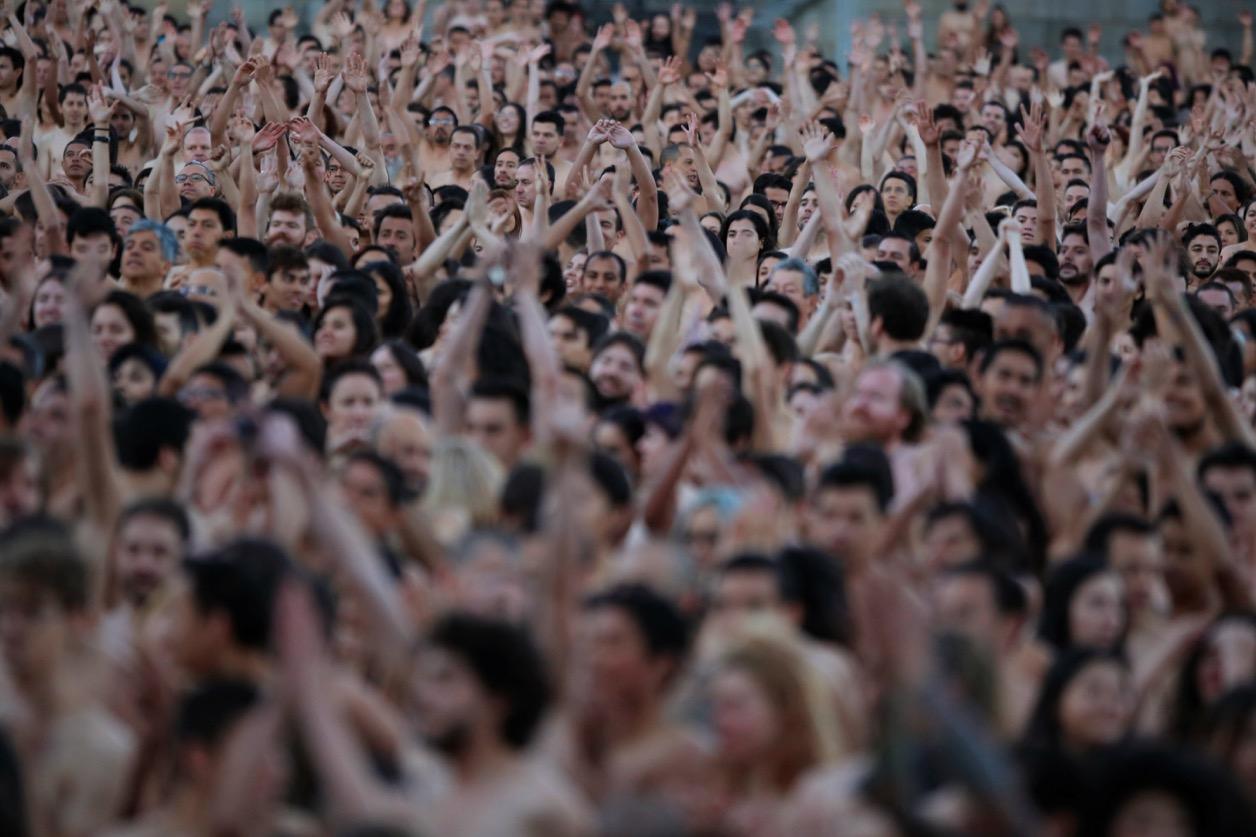 Naked volunteers pose for photographer Spencer Tunick at Bolivar Square in Bogota, Colombia on June 5.