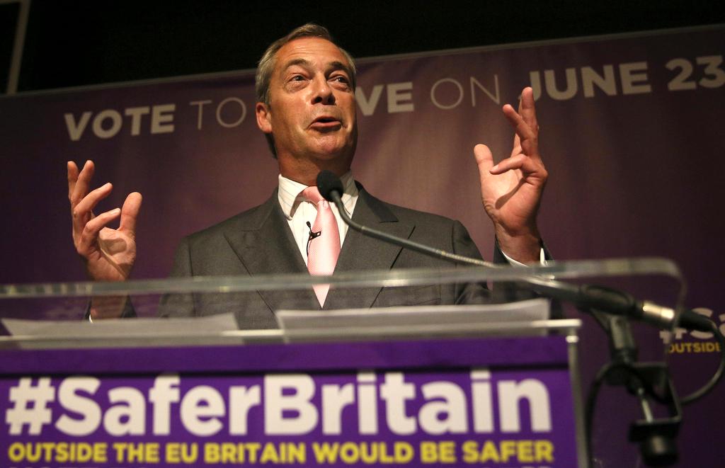 Leader of the United Kingdom Independence Party Nigel Farage speaks at pro-Brexit event in London on June 3, 2016.