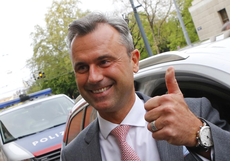 Presidential candidate Norbert Hofer arrives at the party headquarter of the Austrian Freedom party (FPOe) in Vienna, Austria, April 24, 2016. 