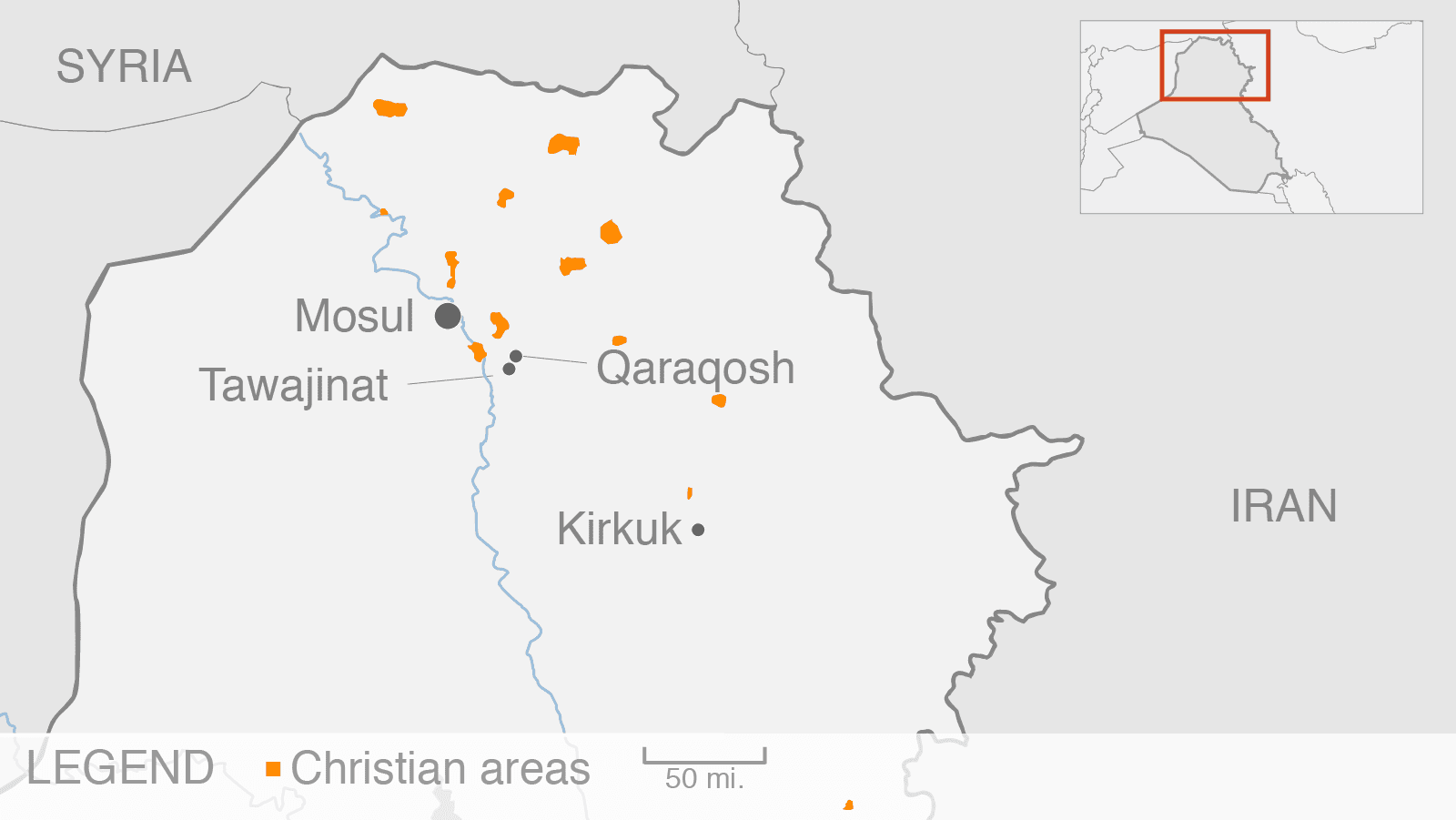 Qaraqosh is a small city to the southeast of Mosul in northern Iraq.