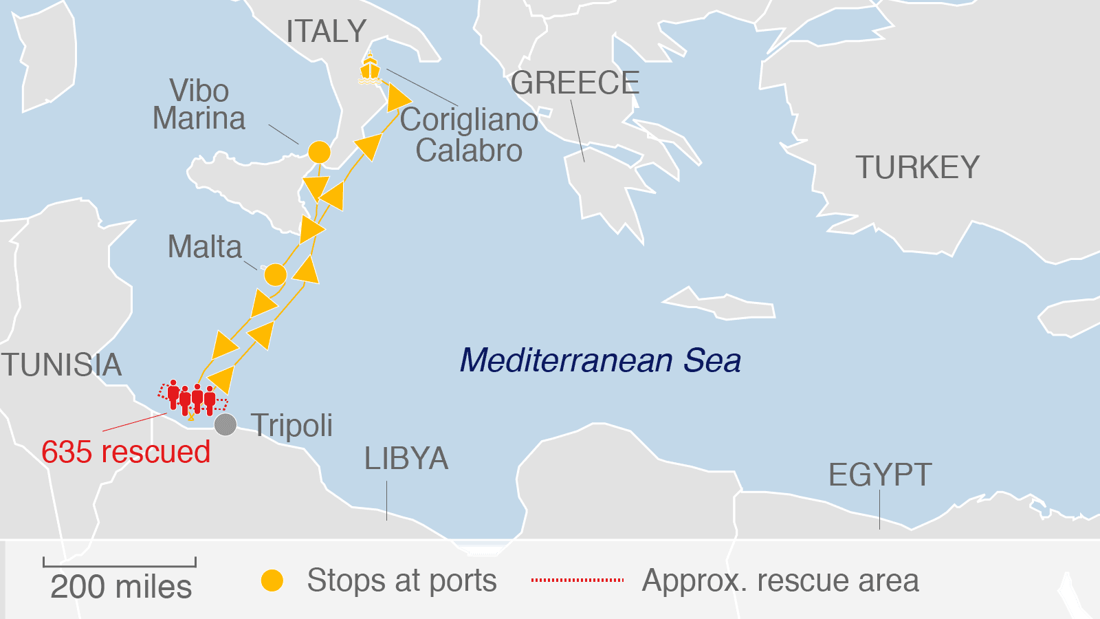 Mediterranean migrant rescue map