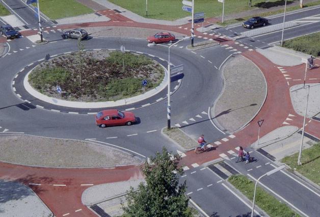 A roundabout, with separated bicycle lane, in the Netherlands.