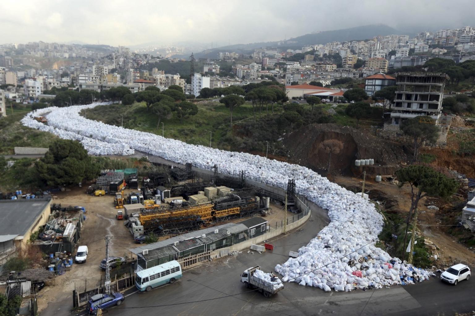 Packed garbage bags in Jdeideh, Beirut, Lebanon on Feb. 23.