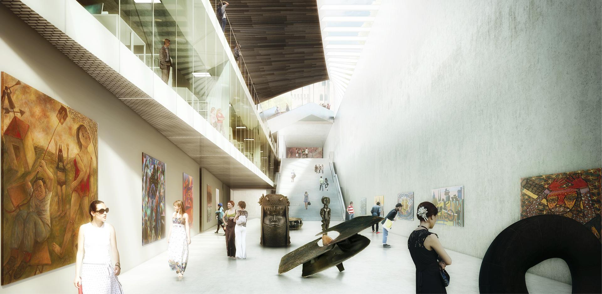 A rendering shows a skylit the entrance to the African Art Museum.