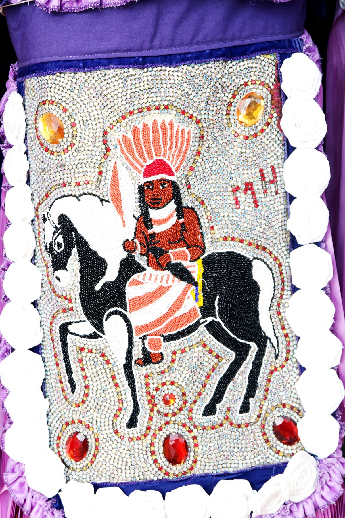 Beadwork on a former Mardi Gras Indian suit belonging to the late Big Chief Donald Harrison, Cherice Harrison Nelson’s father.