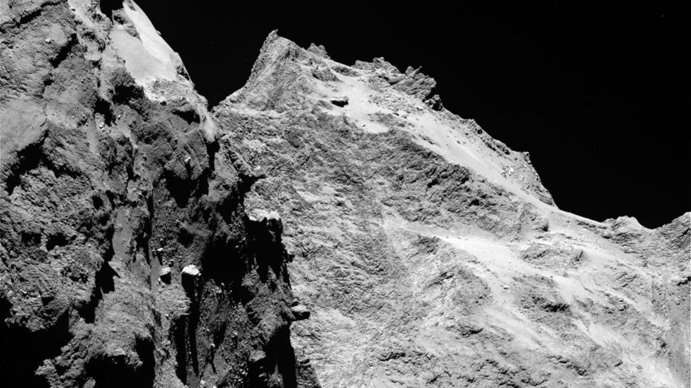 Jagged cliffs and prominent boulders are visible in this image taken by OSIRIS, Rosetta’s scientific imaging system, on 5 September 2014
