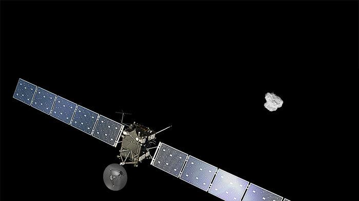 An artist's impression of ESA's Rosetta approaching comet 67P/Churyumov-Gerasimenko. The comet image was taken on August 2, 2014, by the spacecraft's navigation camera at a distance of about 500 km. The spacecraft and comet are not to scale.