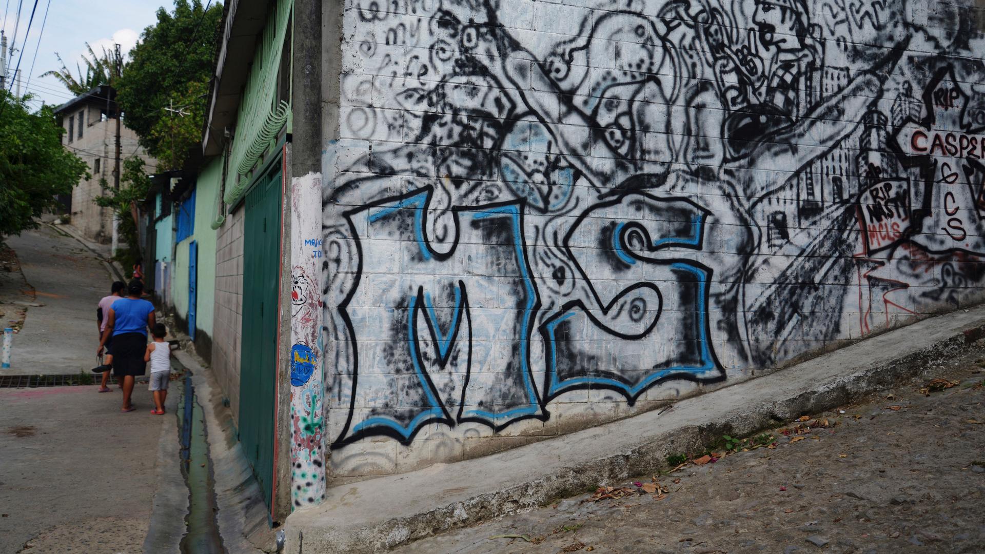 Graffiti of the letters "MS", which stand for the street gang Mara Salvatrucha, photographed in San Salvador on April 22, 2014. Mara Salvatrucha (MS-13) and Calle 18 are rival gangs that started in Los Angeles but now have a heavy presence in El Salvador.