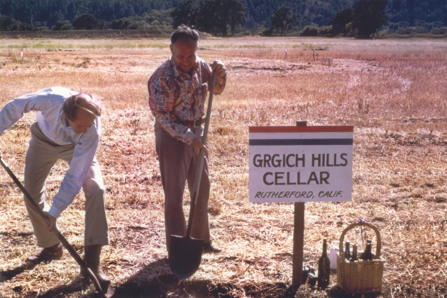 Grgich and partner Austin Hills break ground on the Grgich Hills winery, July 4, 1977.  Grgich called it “my independence day.”