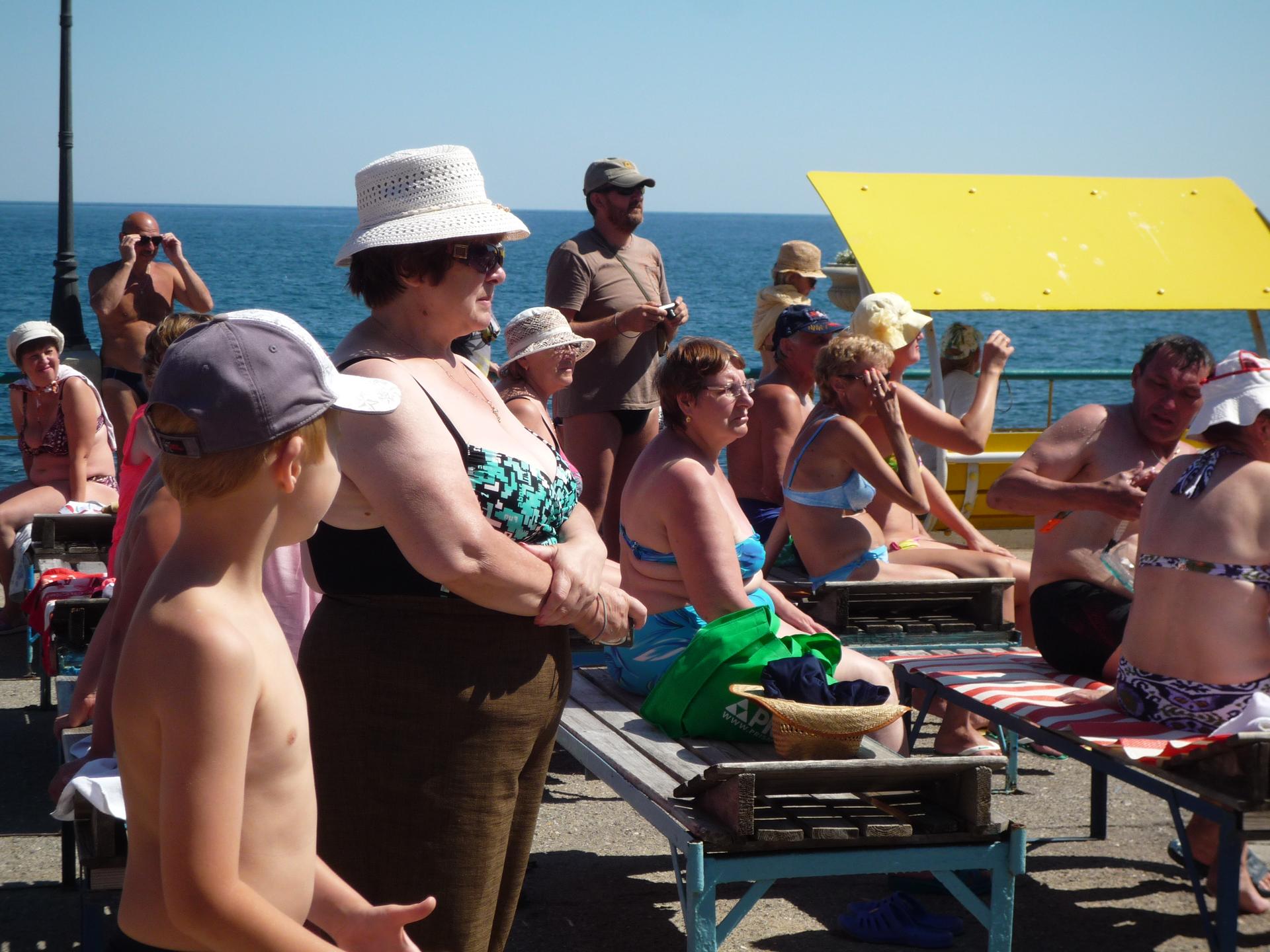 Tourists on the beach in Yalta, a Crimean resort.