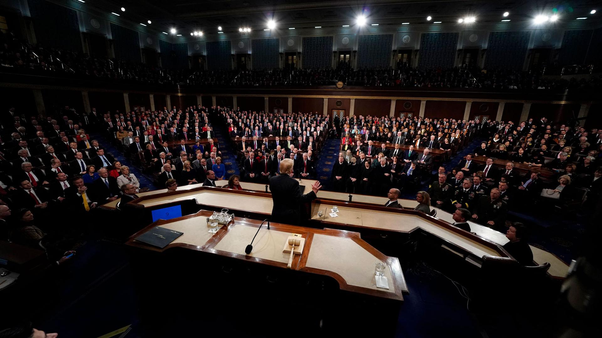 This is a view of the State of the Union crowd with Donald Trump at the center and the seated guests and Congress around him.