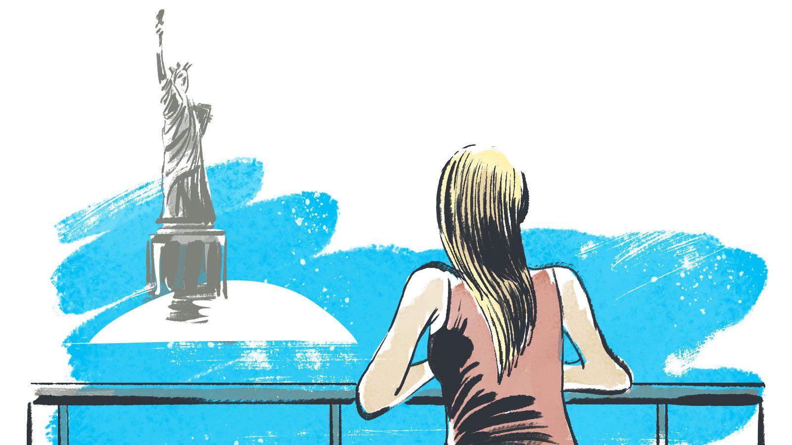 A woman is leaning on a fence, gazing over the water toward the Statue of Liberty