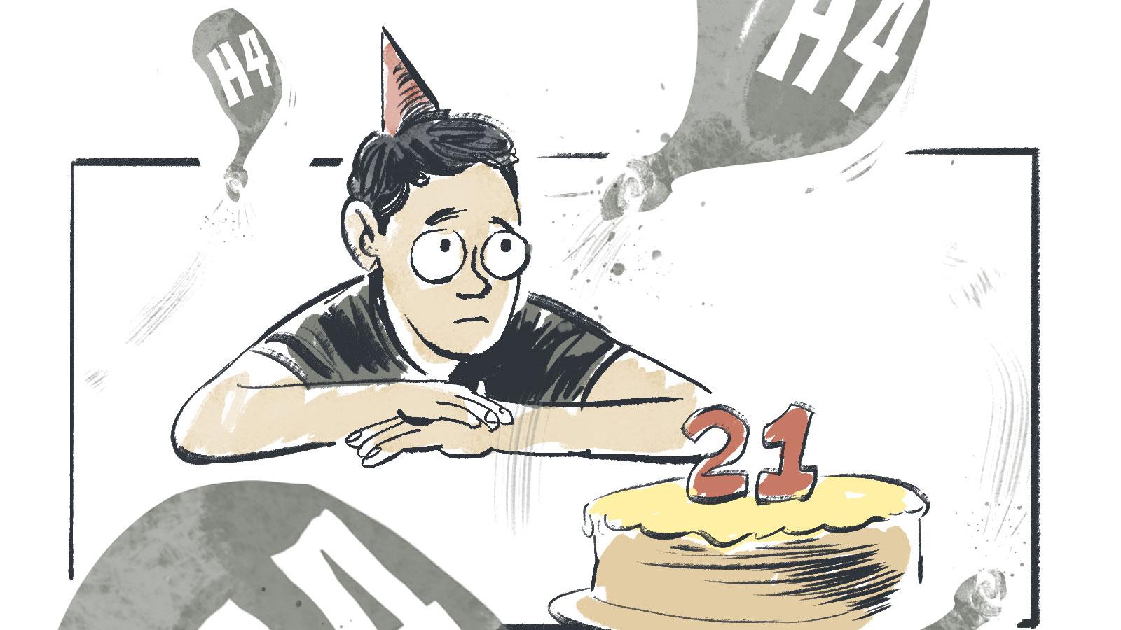 In this cartoon, a frowning boy in a pointed birthday hat sits in front of a cake with '21' written on it.