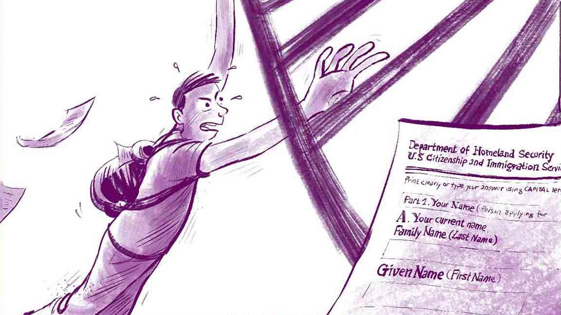 In this cartoon, a young boy is swinging from monkey bars and a piece of paperwork from Immigration is at his right