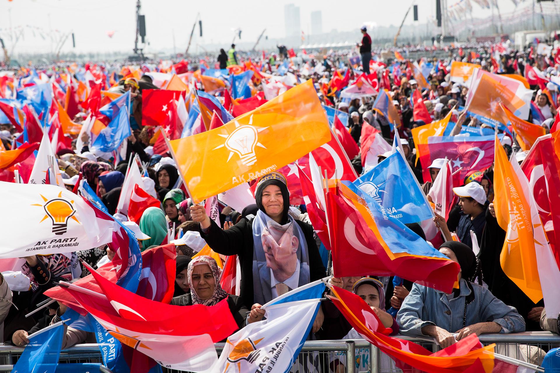 AK Party supporters during a campaign rally in Istanbul. The AKP, Prime Minister Erdogan's Justice and Development Party organized the rally ahead of municipal elections.