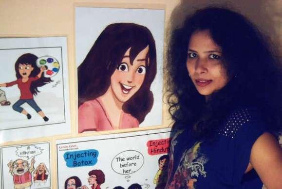 Indian cartoonist Kanika Mishra next to her cartoon creation, Karnika Kahen.