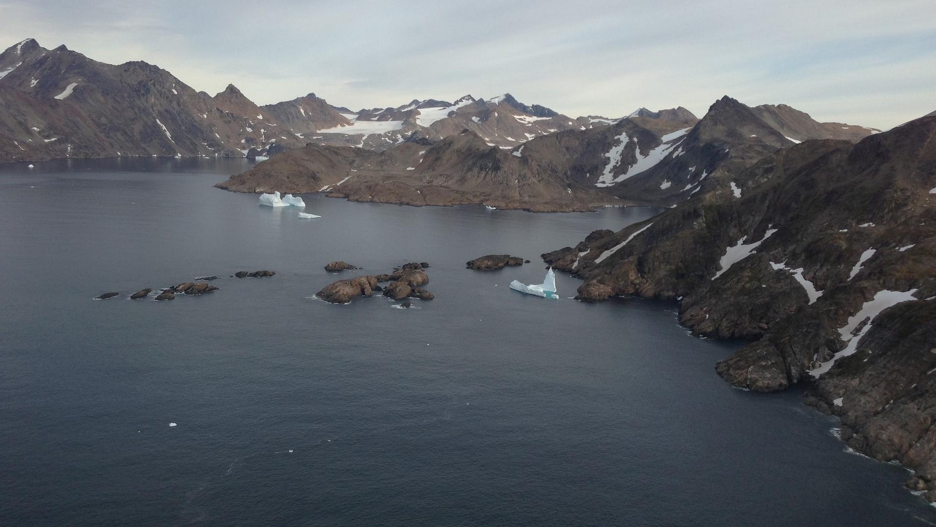 An aerial view of the Greenlandic coast.