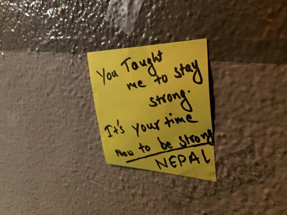 The note reads, "You taught me to stay strong. It's your time now to stay strong Nepal."