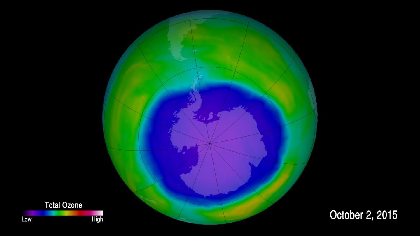 A false-color image showing ozone concentrations above Antarctica on Oct. 2, 2015.