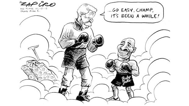 Nelson Mandela meets one of his favorite boxers, Baby Jake Matlala, in heaven