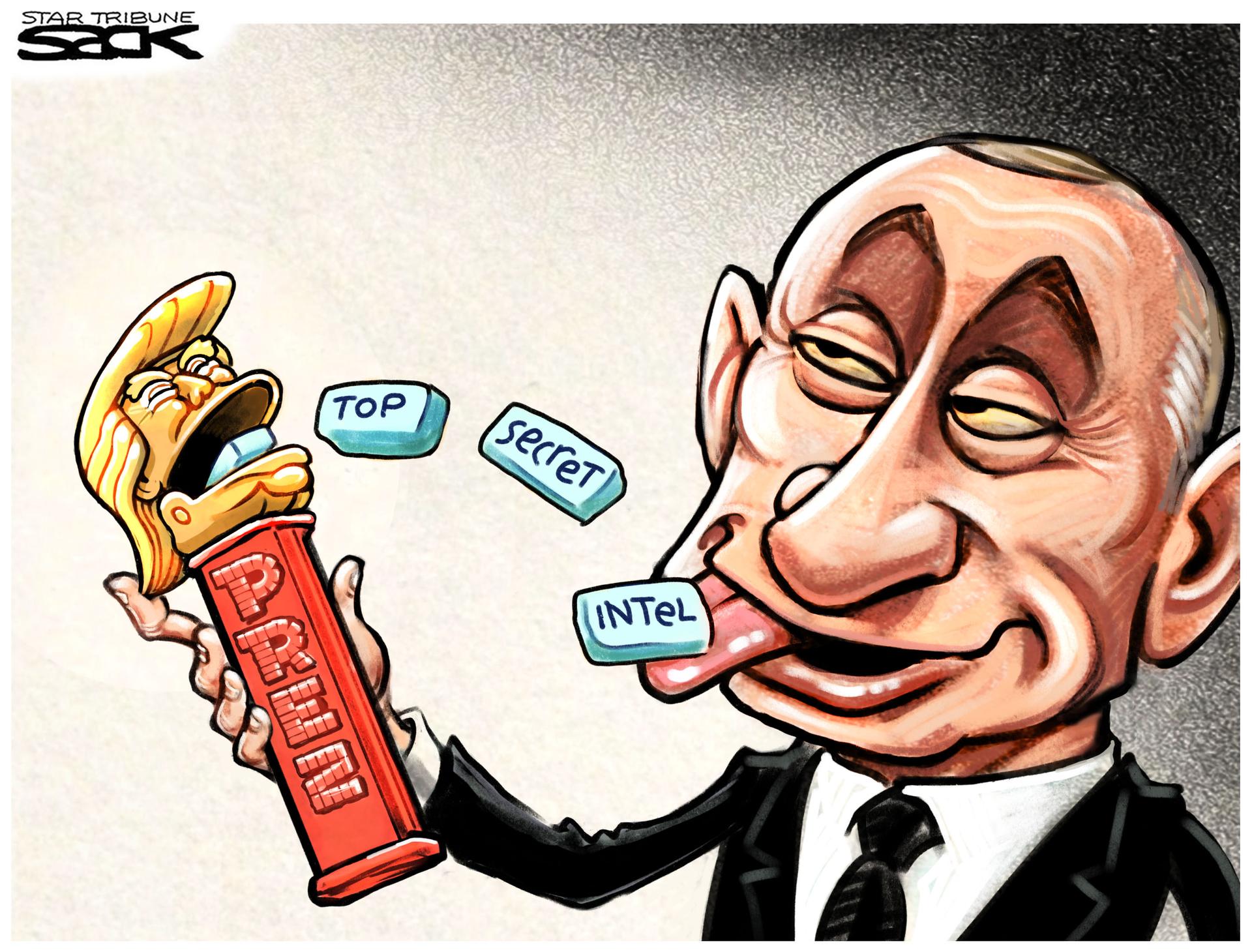 Putin holding a Prez dispenser with Trump's head on top of it. Putin clicks it and intelligence chunks come out.