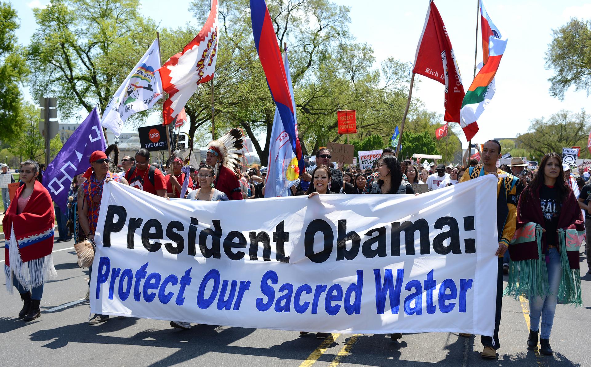 Native Americans march during an anti-Keystone XL protest in Washington on April 26, 2014.