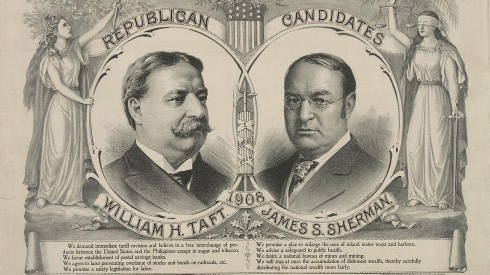 Republican Party campaign poster, 1908, including the pledge to "stop at once the accumulation of dishonest wealth, thereby carefully distributing the national wealth more fairly."