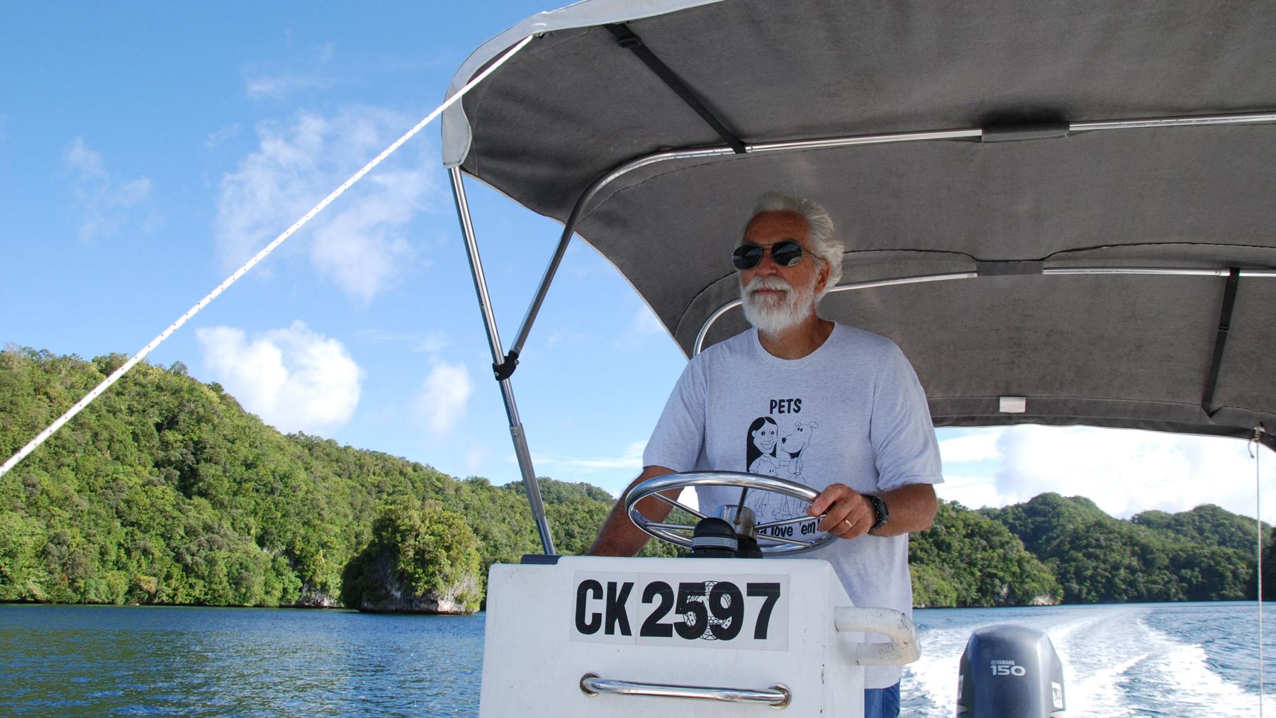 Pat Colin, a marine scientist at the Coral Reef Research Foundation, explores the waters off of the Pacific island nation of Palau for organisms to send to the National Cancer Institute in the U.S.