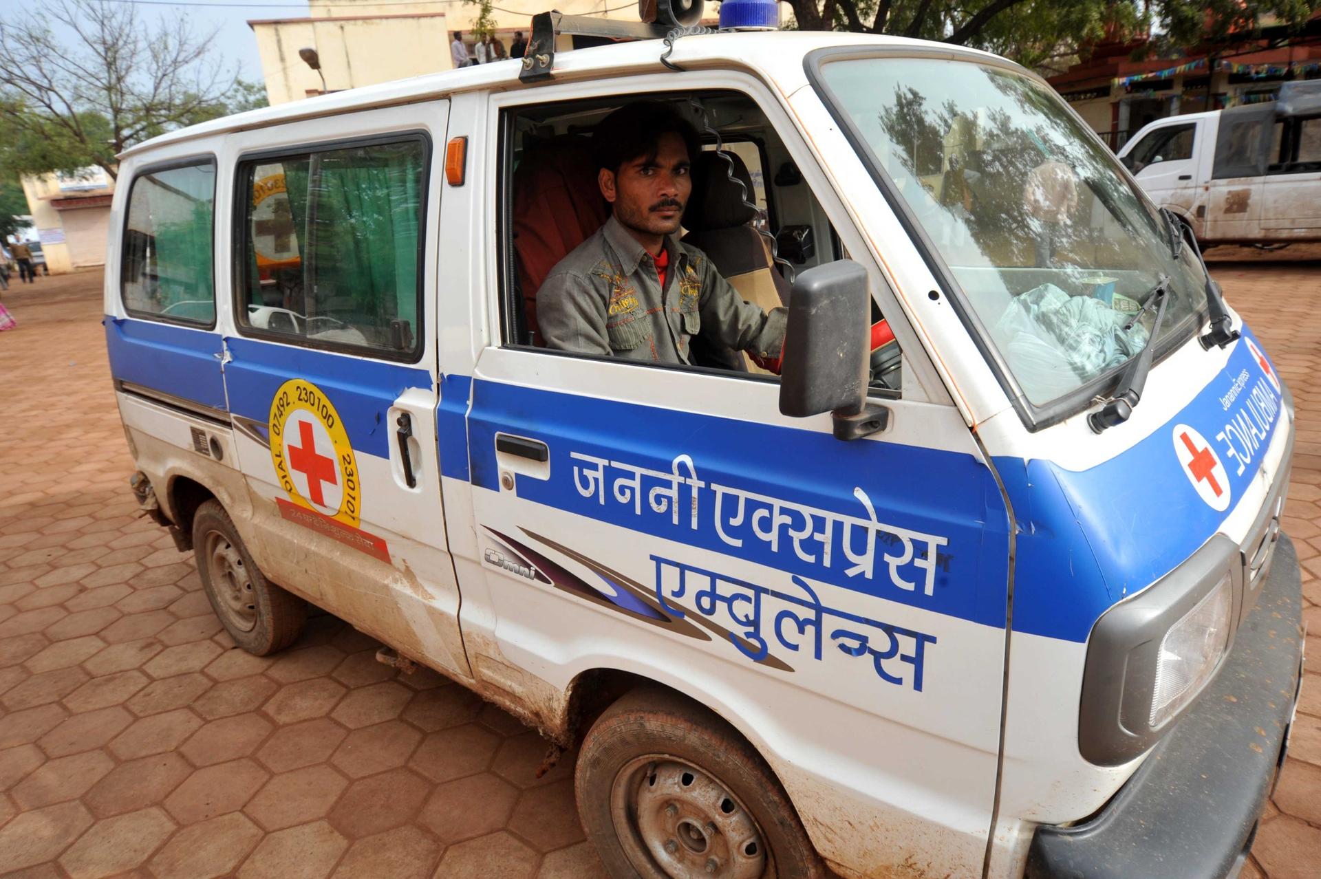 A Janani Express ambulance. Janani means “mother” in Hindi, and the ambulance service transports pregnant women to health centers to give birth.
